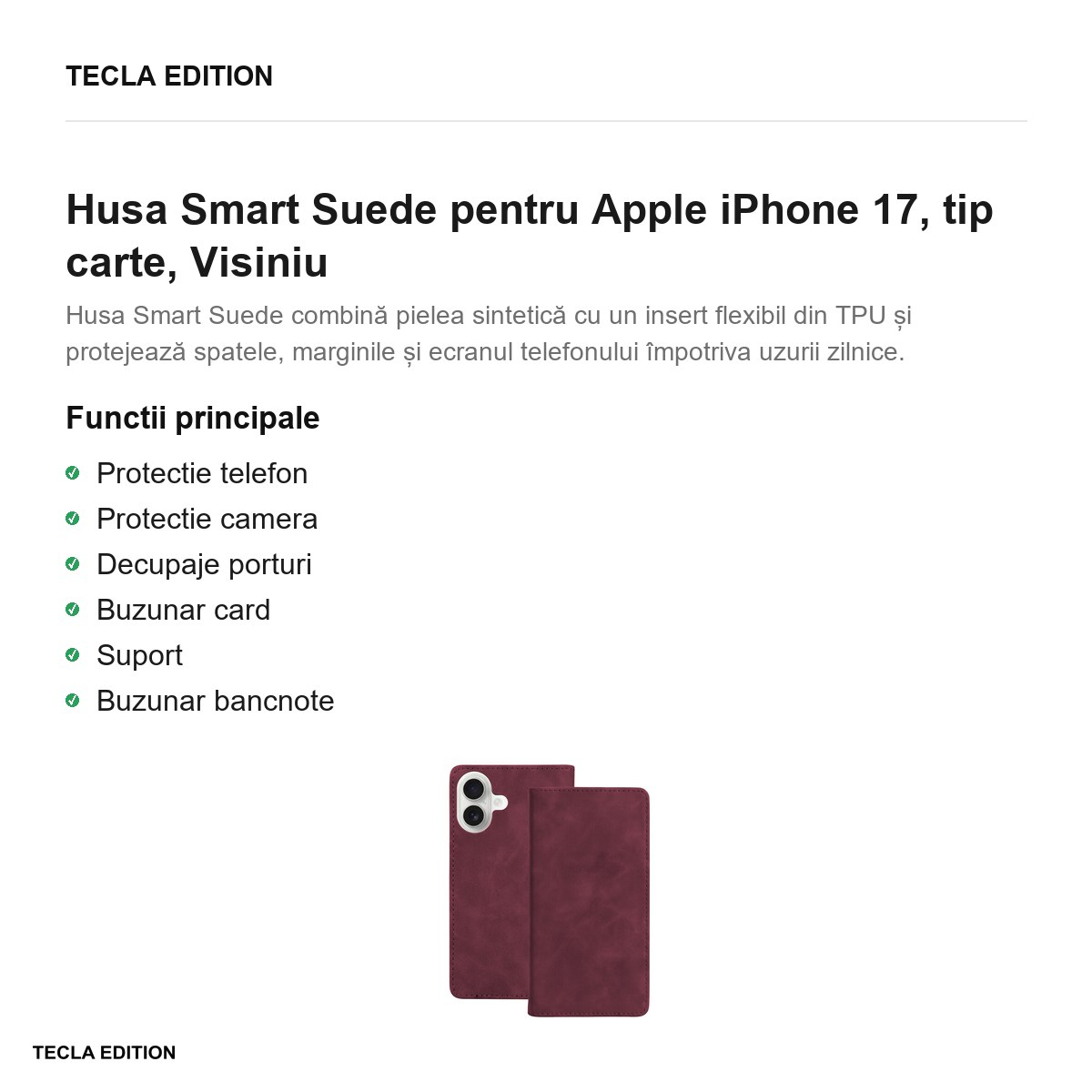 Husa Smart Suede pentru Apple iPhone 17, tip carte, Visiniu [2]