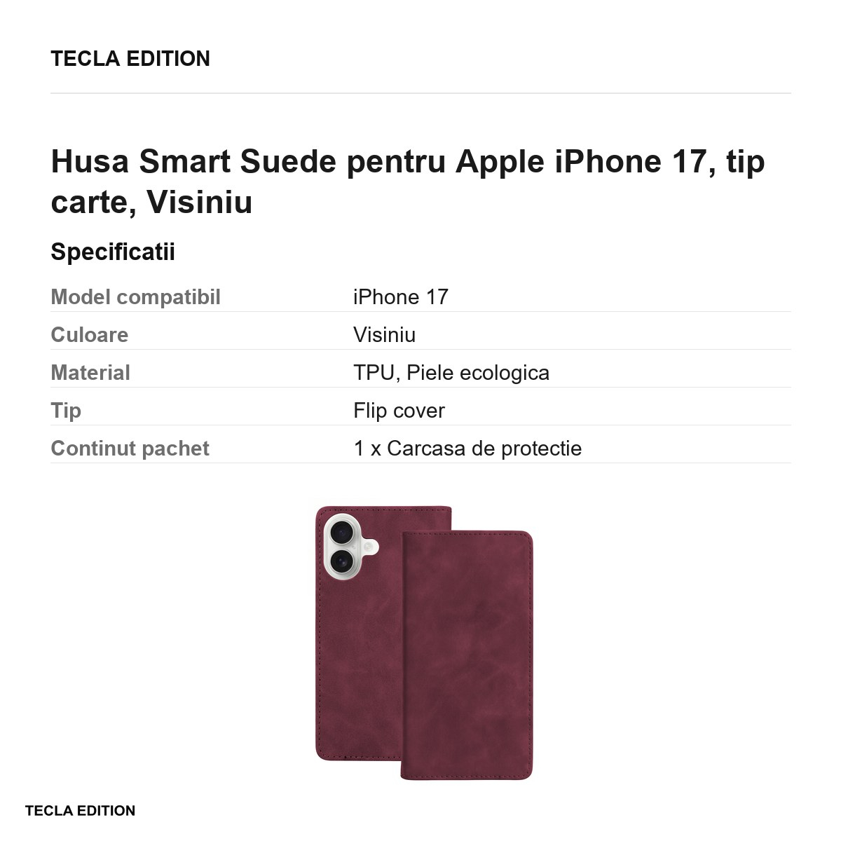 Husa Smart Suede pentru Apple iPhone 17, tip carte, Visiniu [3]