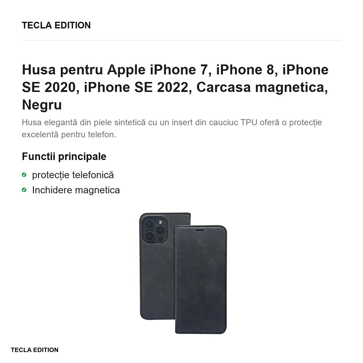 Husa Smart Suede pentru Apple iPhone 7, iPhone 8, iPhone SE 2020, iPhone SE 2022, tip carte cu inchidere magnetica, Negru [2]