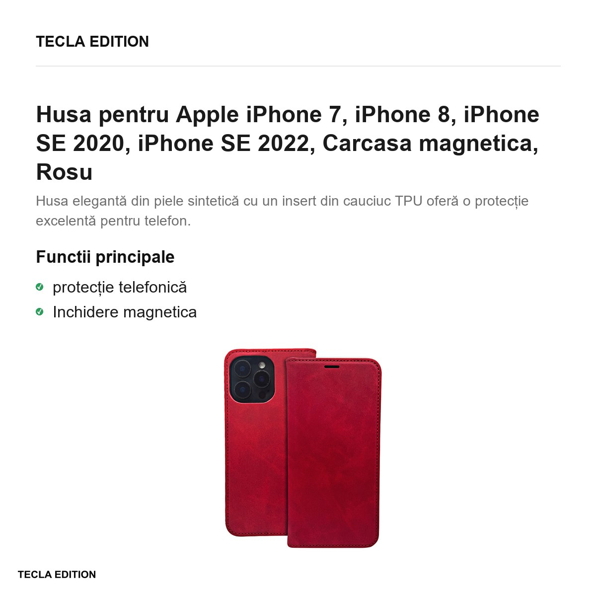 Husa Smart Suede pentru Apple iPhone 7, iPhone 8, iPhone SE 2020, iPhone SE 2022, tip carte cu inchidere magnetica, Rosu [2]
