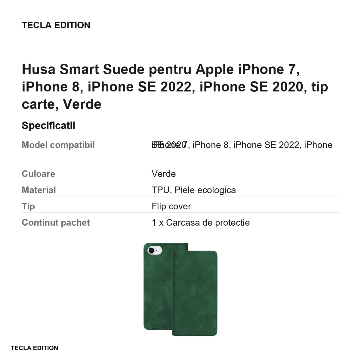 Husa Smart Suede pentru Apple iPhone 7, iPhone 8, iPhone SE 2022, iPhone SE 2020, tip carte, Verde [3]