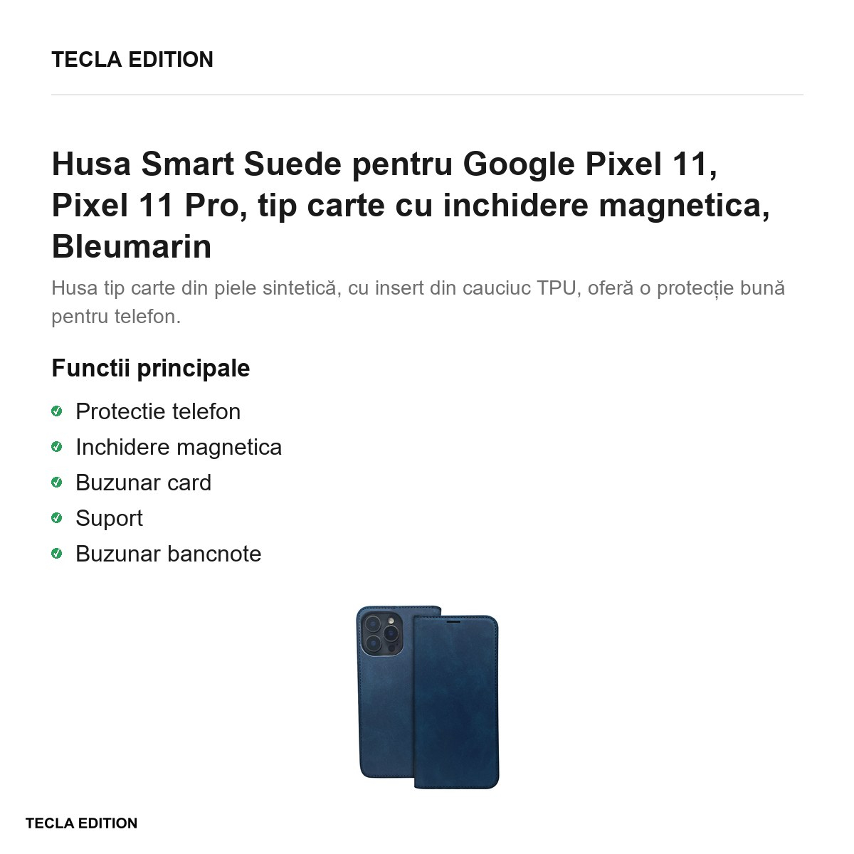 Husa Smart Suede pentru Google Pixel 11, Pixel 11 Pro, tip carte cu inchidere magnetica, Bleumarin [2]