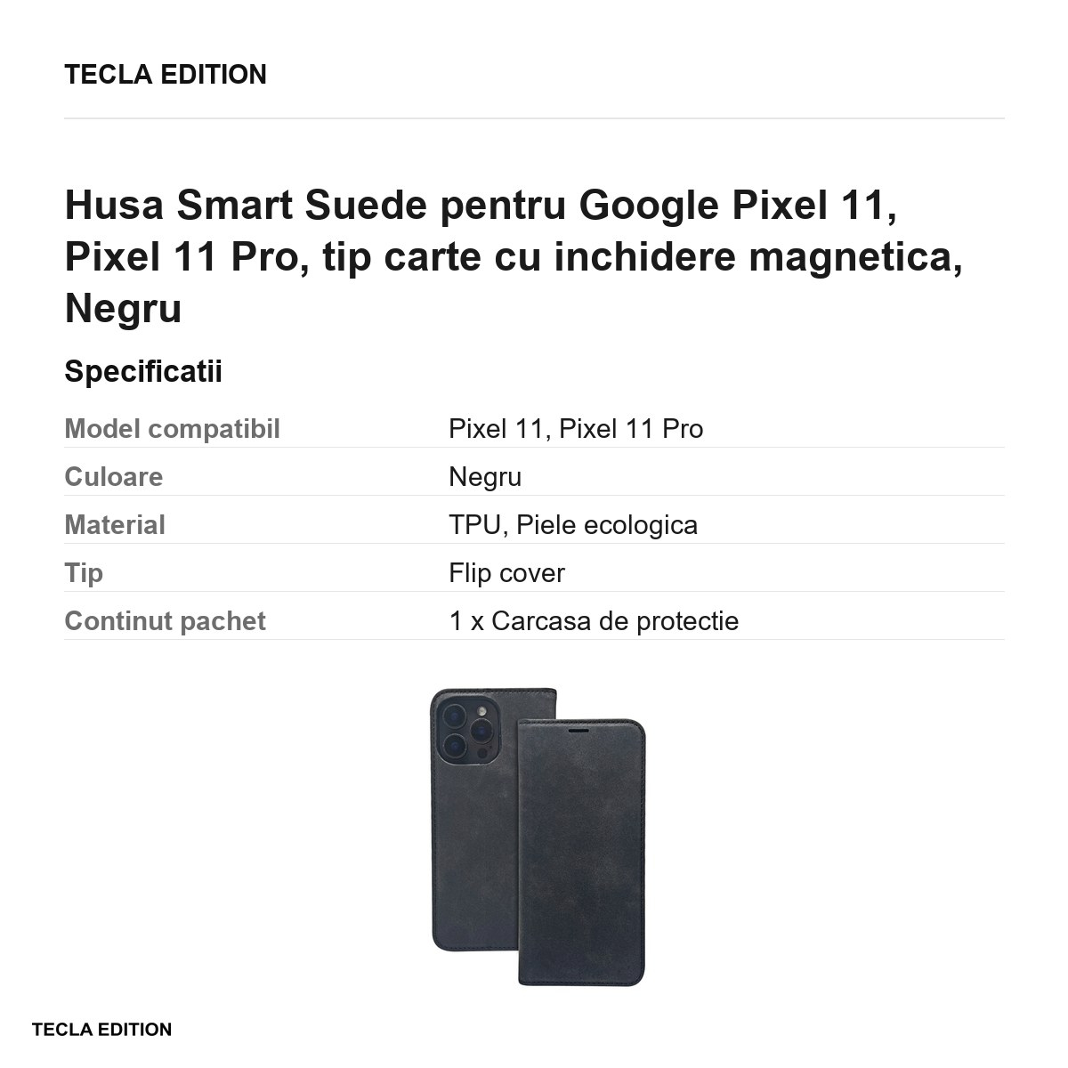 Husa Smart Suede pentru Google Pixel 11, Pixel 11 Pro, tip carte cu inchidere magnetica, Negru [3]