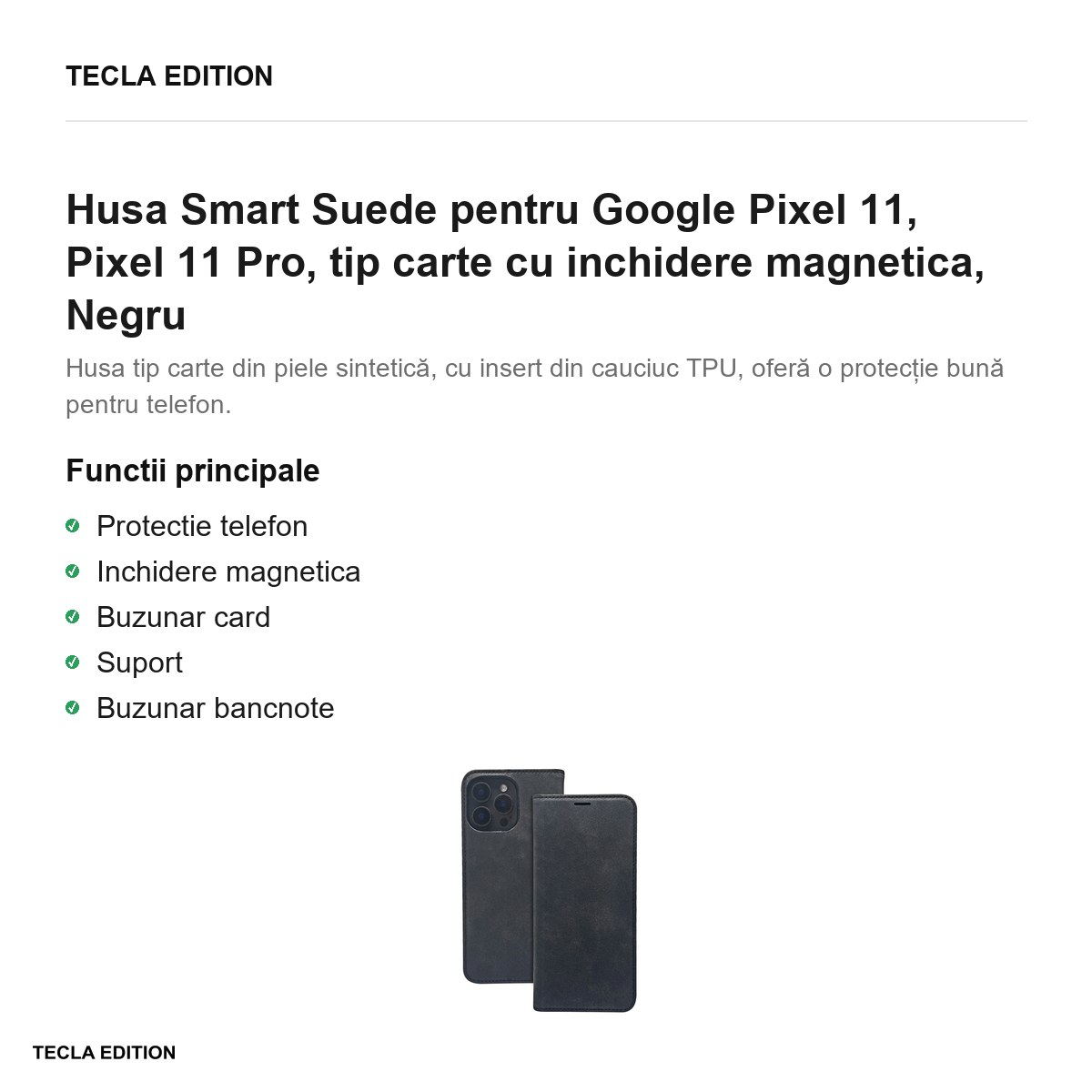Husa Smart Suede pentru Google Pixel 11, Pixel 11 Pro, tip carte cu inchidere magnetica, Negru [2]