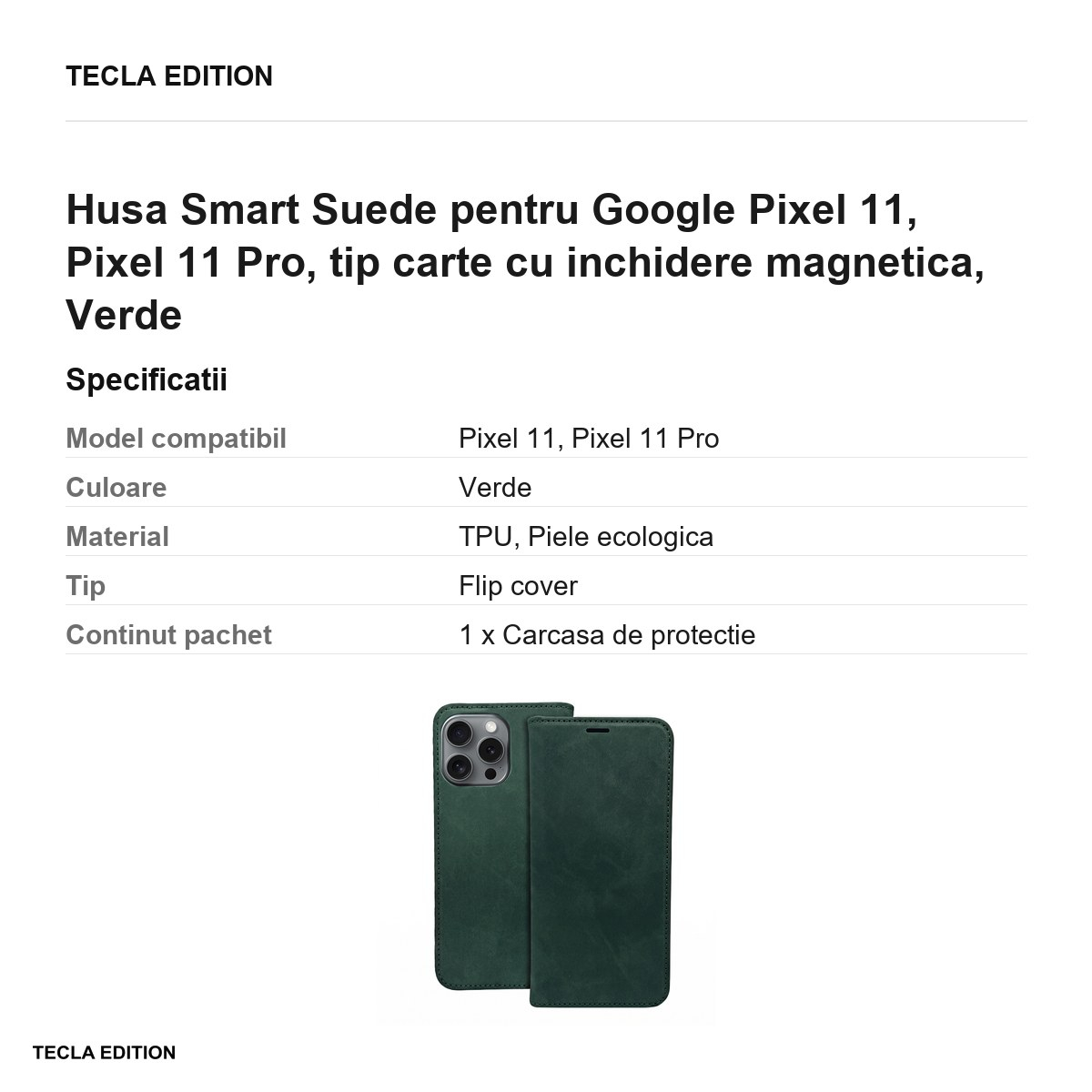 Husa Smart Suede pentru Google Pixel 11, Pixel 11 Pro, tip carte cu inchidere magnetica, Verde [3]