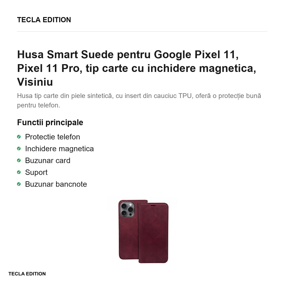 Husa Smart Suede pentru Google Pixel 11, Pixel 11 Pro, tip carte cu inchidere magnetica, Visiniu [2]