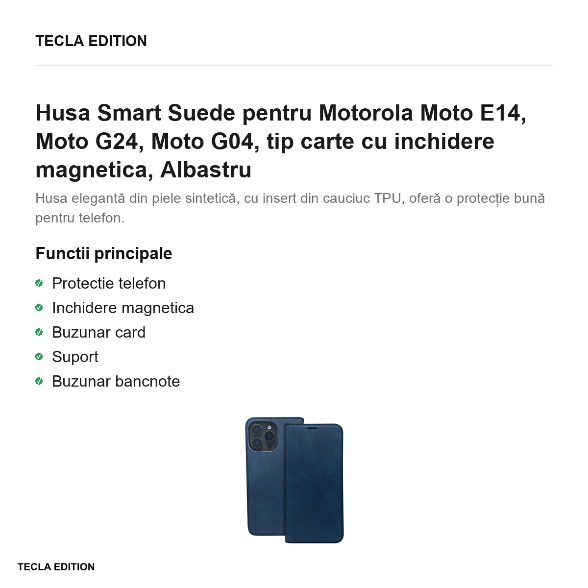Husa Smart Suede pentru Motorola Moto E14, Moto G24, Moto G04, tip carte cu inchidere magnetica, Albastru [2]