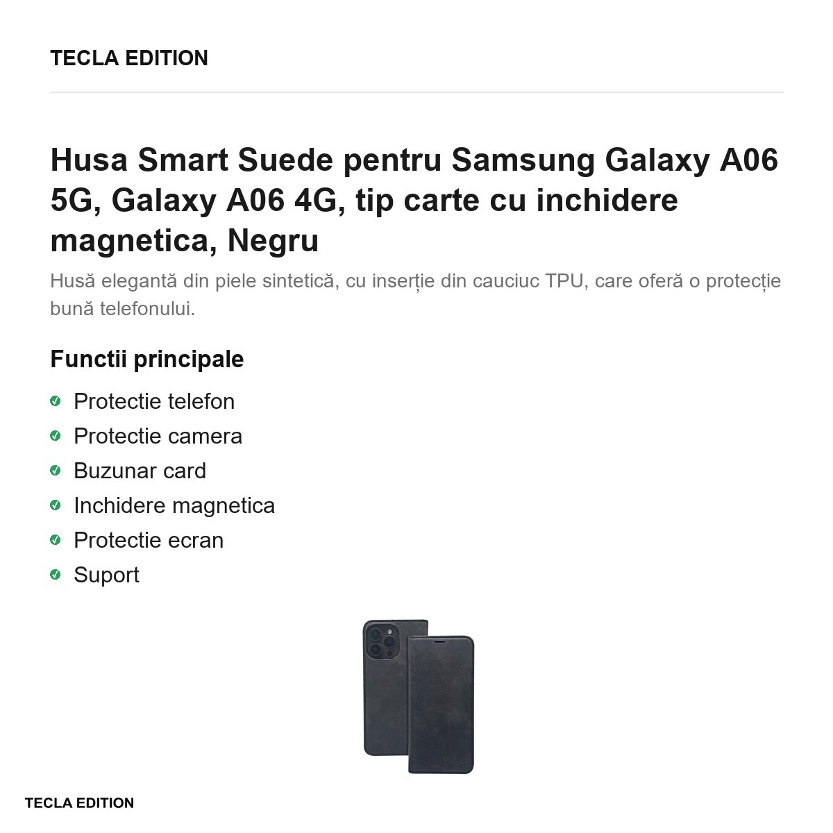 Husa Smart Suede pentru Samsung Galaxy A06 5G, Galaxy A06 4G, tip carte cu inchidere magnetica, Negru [2]