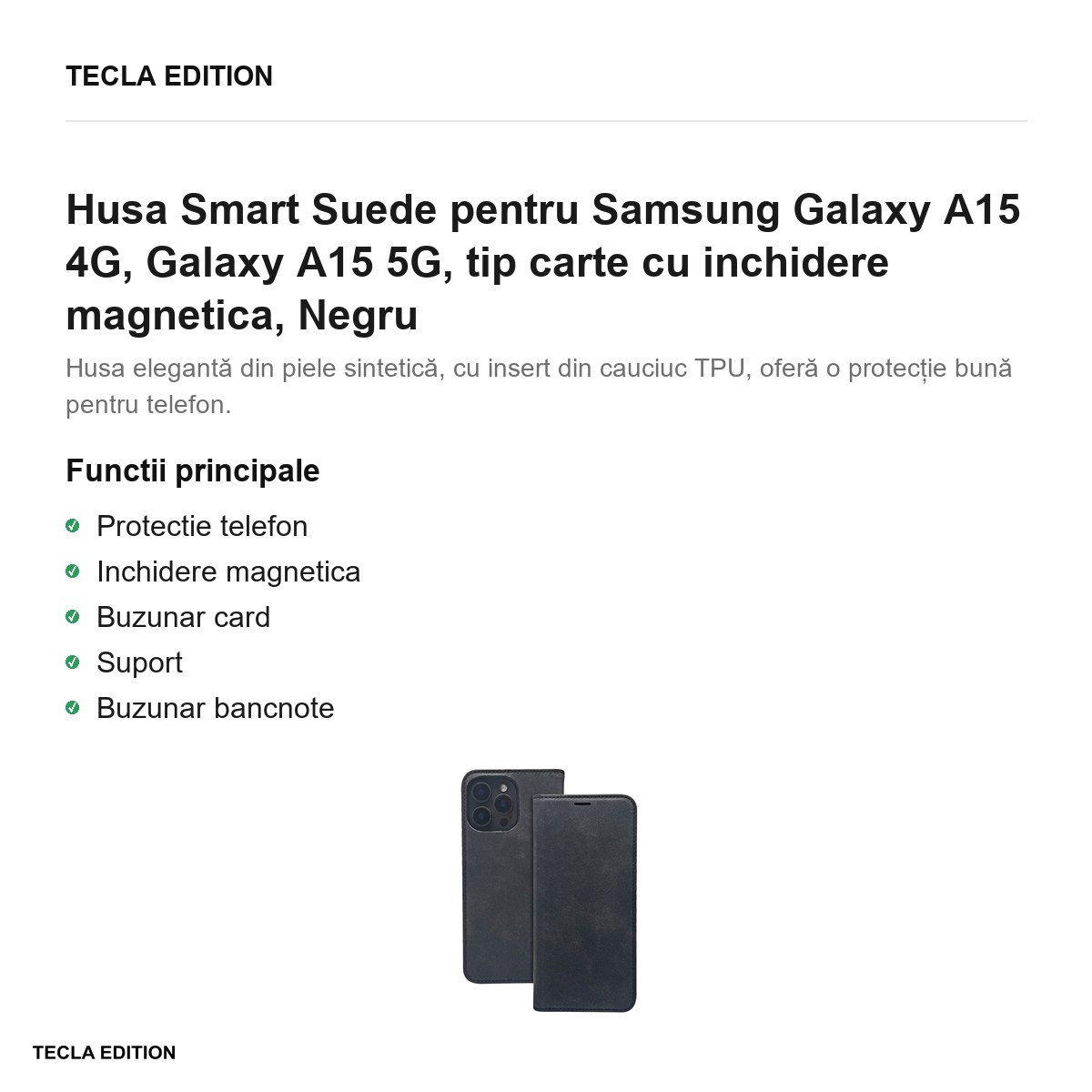 Husa Smart Suede pentru Samsung Galaxy A15 4G, Galaxy A15 5G, tip carte cu inchidere magnetica, Negru [2]