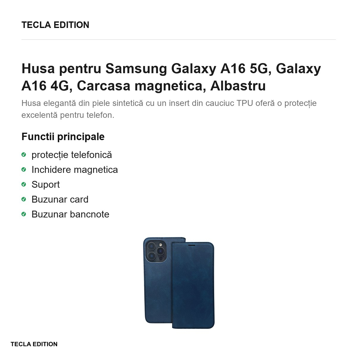 Husa Smart Suede pentru Samsung Galaxy A16 5G, Galaxy A16 4G, tip carte cu inchidere magnetica, Albastru [2]