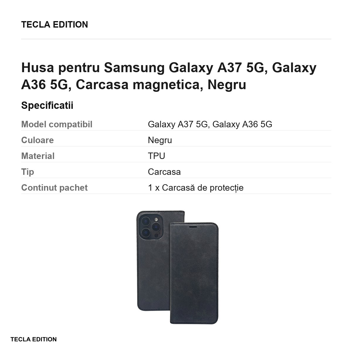 Husa Smart Suede pentru Samsung Galaxy A37 5G, Galaxy A36 5G, tip carte cu inchidere magnetica, Negru [3]