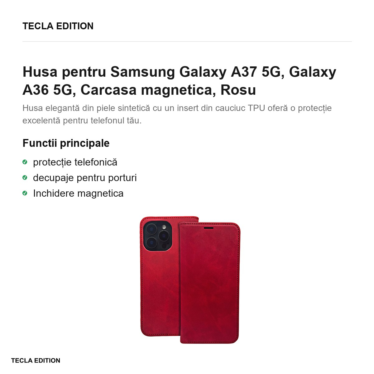 Husa Smart Suede pentru Samsung Galaxy A37 5G, Galaxy A36 5G, tip carte cu inchidere magnetica, Rosu [2]