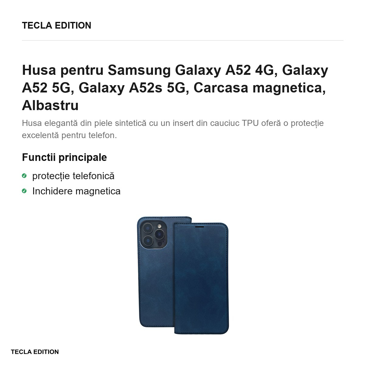 Husa Smart Suede pentru Samsung Galaxy A52 4G, Galaxy A52 5G, Galaxy A52s 5G, tip carte cu inchidere magnetica, Albastru [2]
