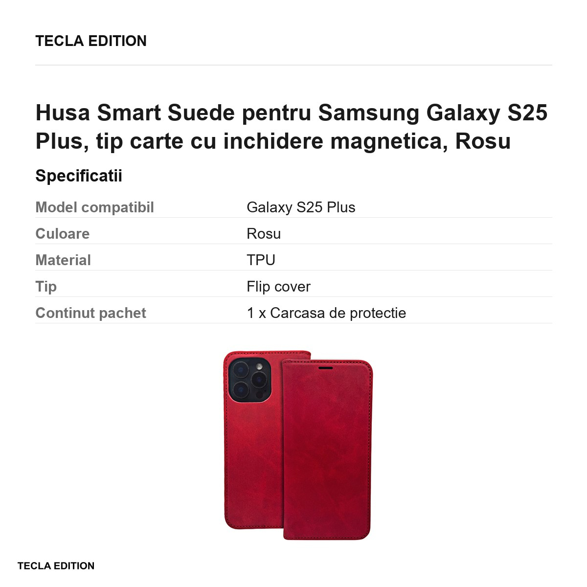 Husa Smart Suede pentru Samsung Galaxy S25 Plus, tip carte cu inchidere magnetica, Rosu [3]