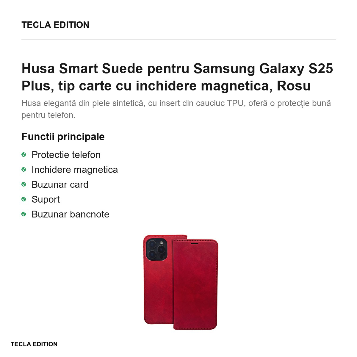 Husa Smart Suede pentru Samsung Galaxy S25 Plus, tip carte cu inchidere magnetica, Rosu [2]