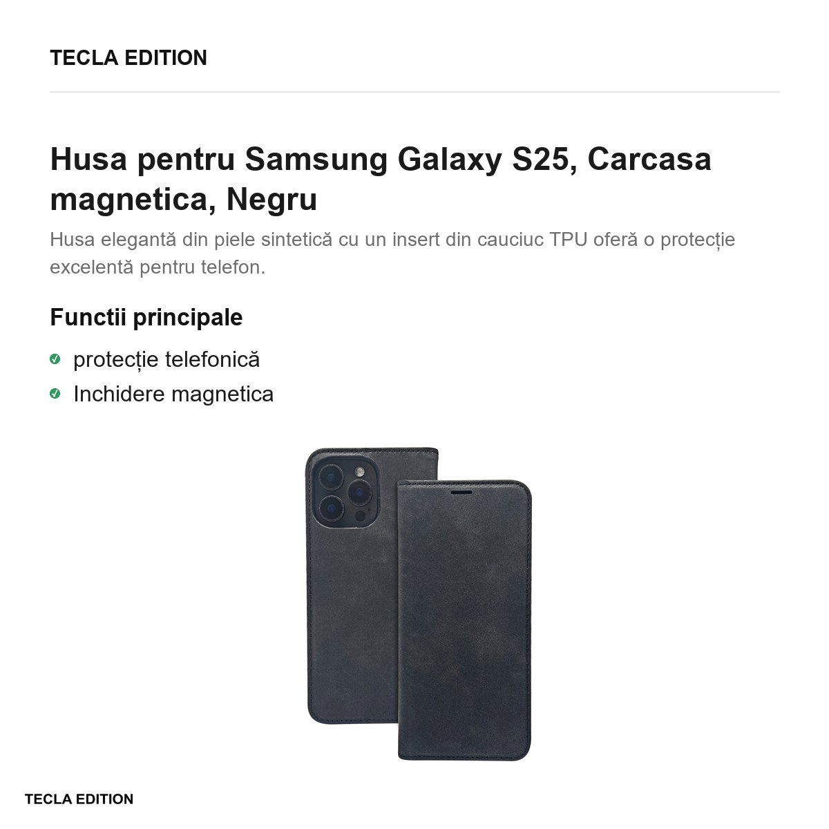 Husa Smart Suede pentru Samsung Galaxy S25, tip carte cu inchidere magnetica, Negru [2]