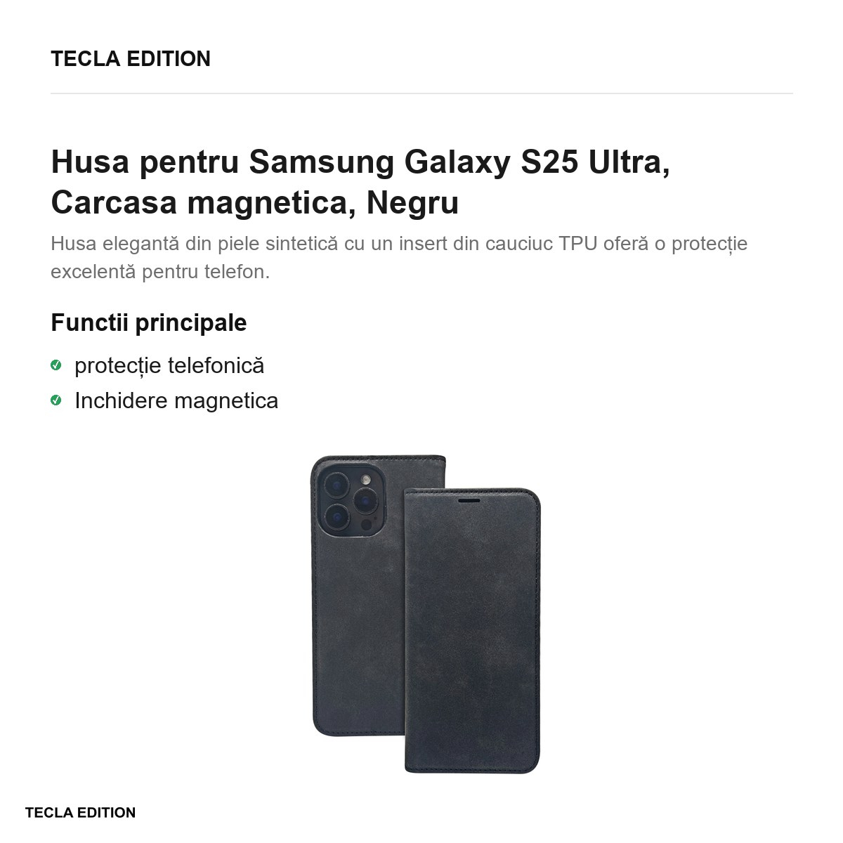 Husa Smart Suede pentru Samsung Galaxy S25 Ultra, tip carte cu inchidere magnetica, Negru [2]