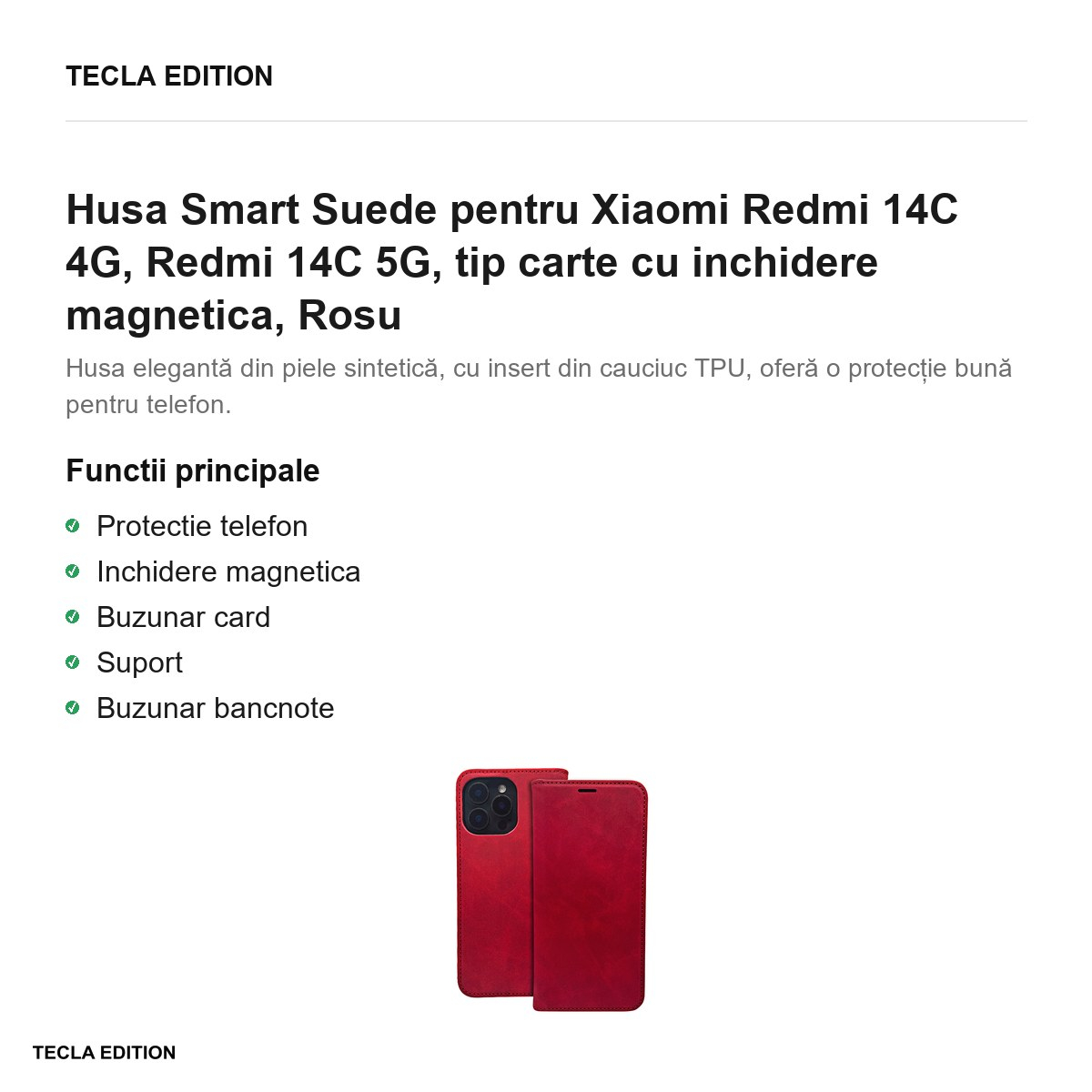 Husa Smart Suede pentru Xiaomi Redmi 14C 4G, Redmi 14C 5G, tip carte cu inchidere magnetica, Rosu [2]