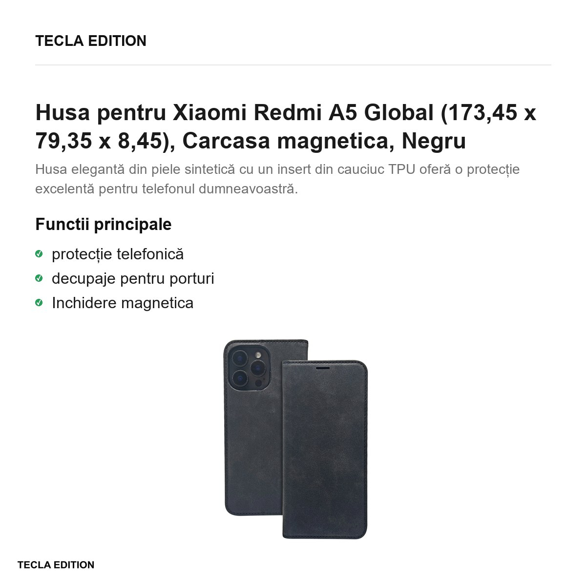 Husa Smart Suede pentru Xiaomi Redmi A5 Global, tip carte cu inchidere magnetica, Negru [2]