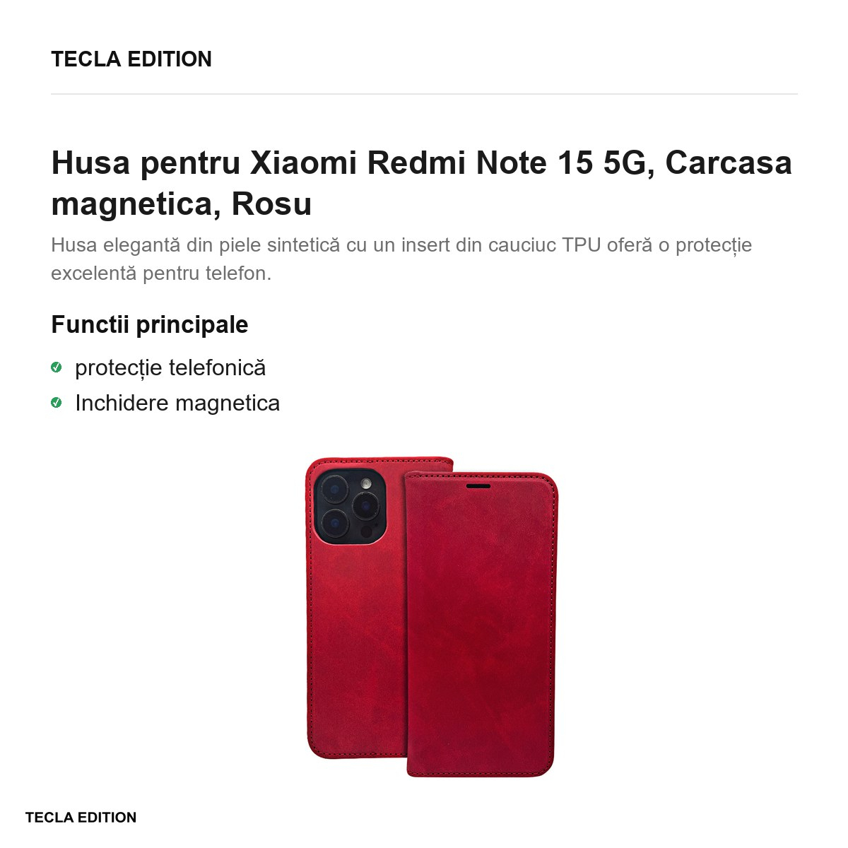 Husa Smart Suede pentru Xiaomi Redmi Note 15 5G, tip carte cu inchidere magnetica, Rosu [2]