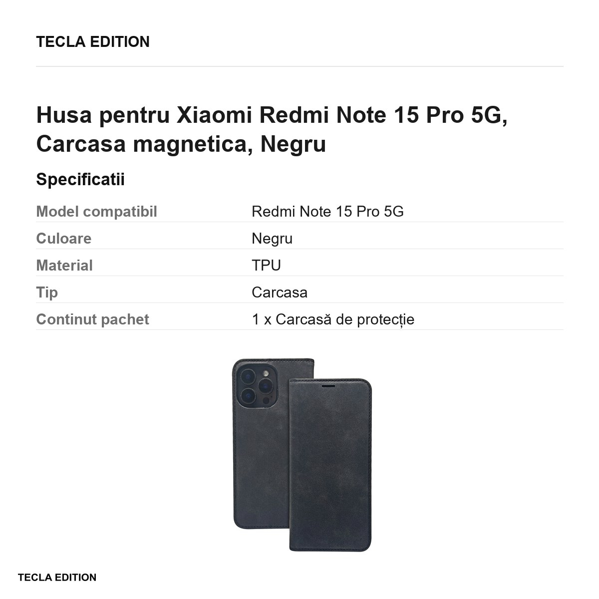 Husa Smart Suede pentru Xiaomi Redmi Note 15 Pro 5G, tip carte cu inchidere magnetica, Negru [3]