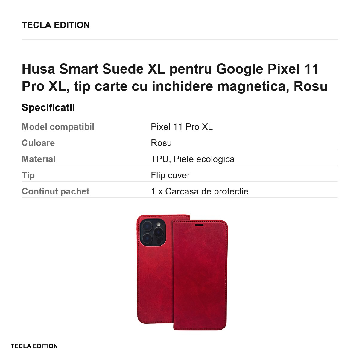 Husa Smart Suede XL pentru Google Pixel 11 Pro XL, tip carte cu inchidere magnetica, Rosu [3]