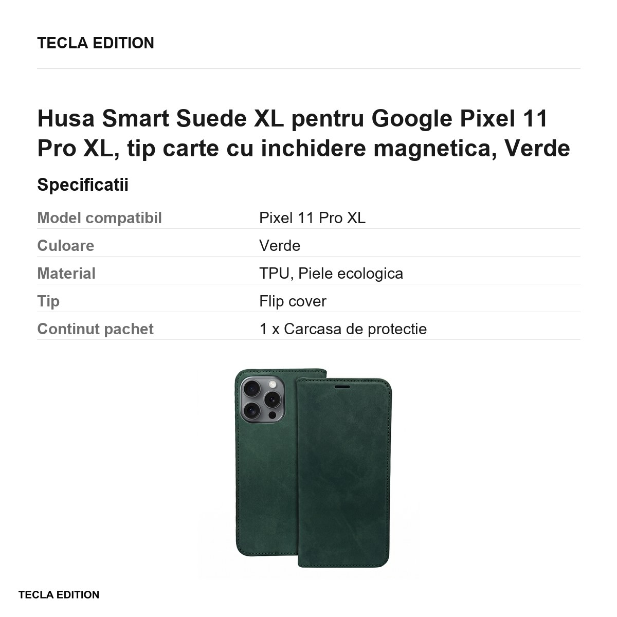 Husa Smart Suede XL pentru Google Pixel 11 Pro XL, tip carte cu inchidere magnetica, Verde [3]