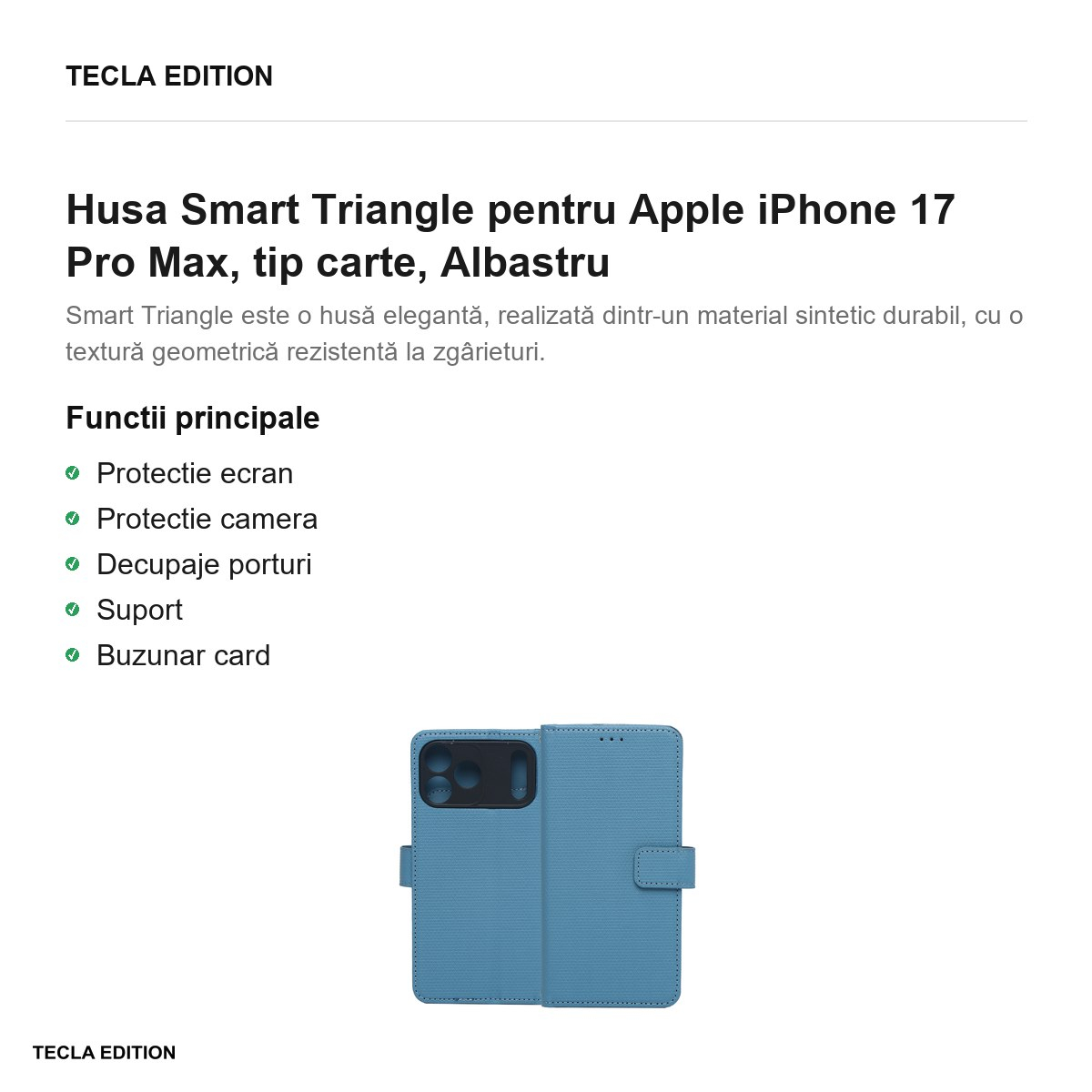 Husa Smart Triangle pentru Apple iPhone 17 Pro Max, tip carte, Albastru [2]