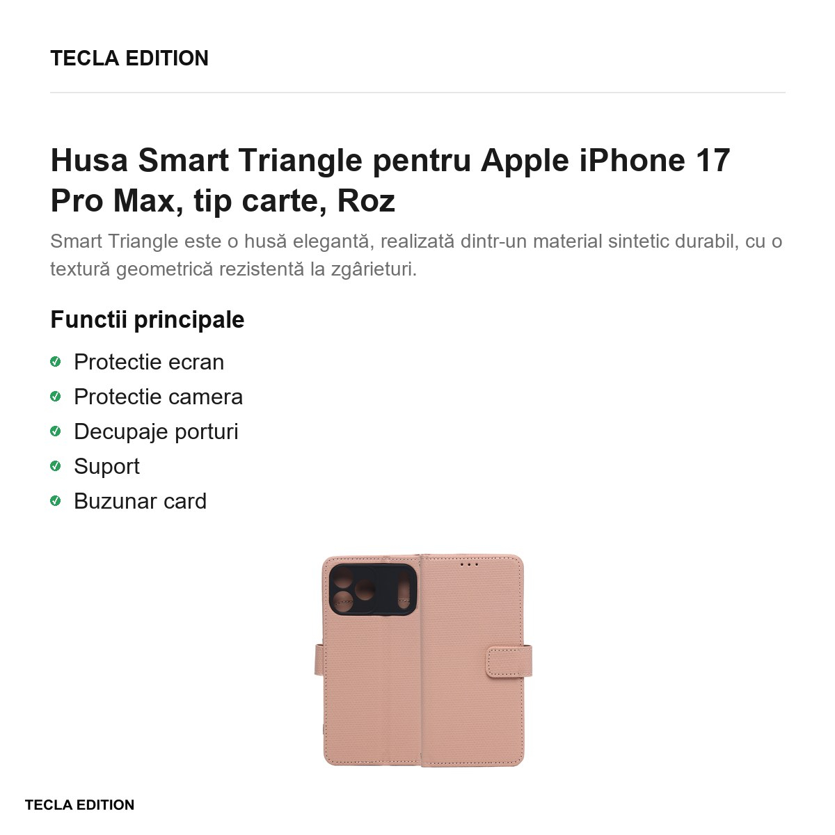Husa Smart Triangle pentru Apple iPhone 17 Pro Max, tip carte, Roz [2]