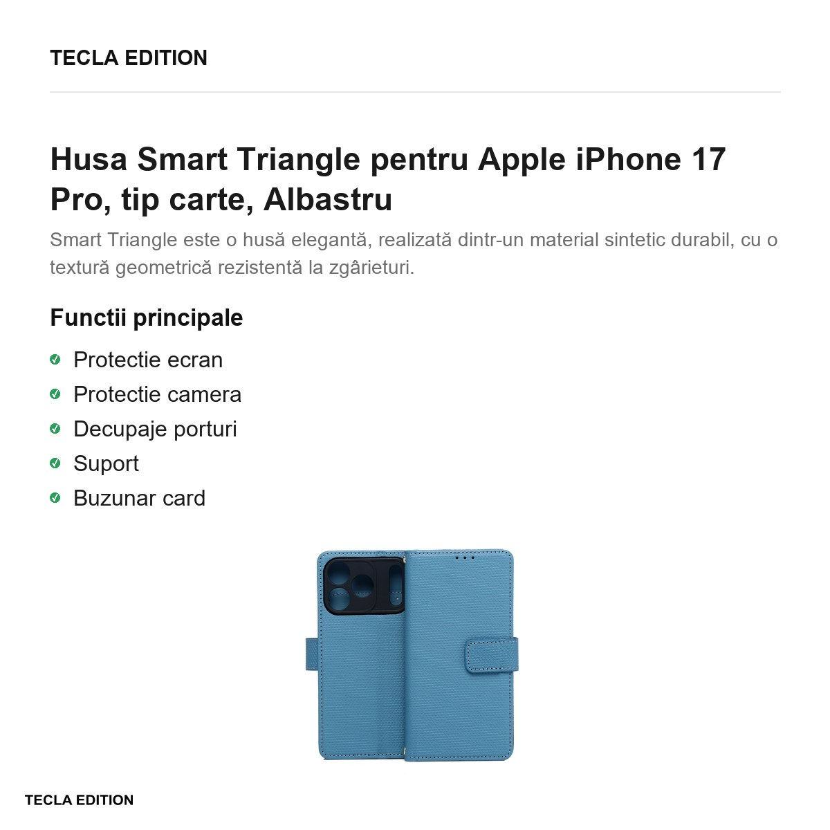 Husa Smart Triangle pentru Apple iPhone 17 Pro, tip carte, Albastru [2]