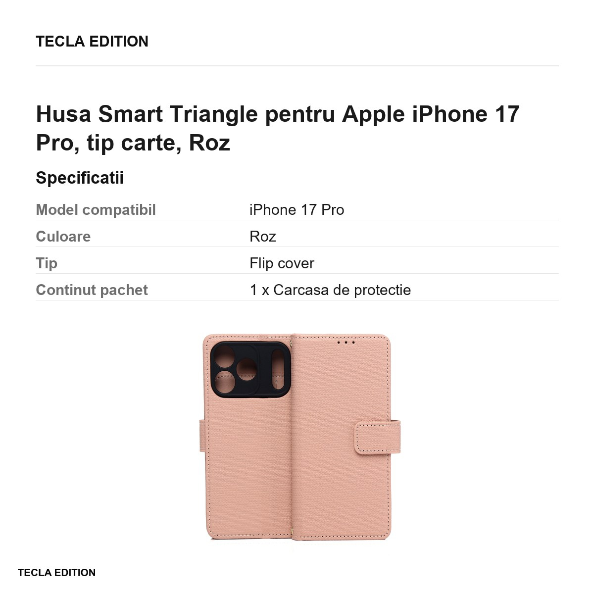 Husa Smart Triangle pentru Apple iPhone 17 Pro, tip carte, Roz [3]
