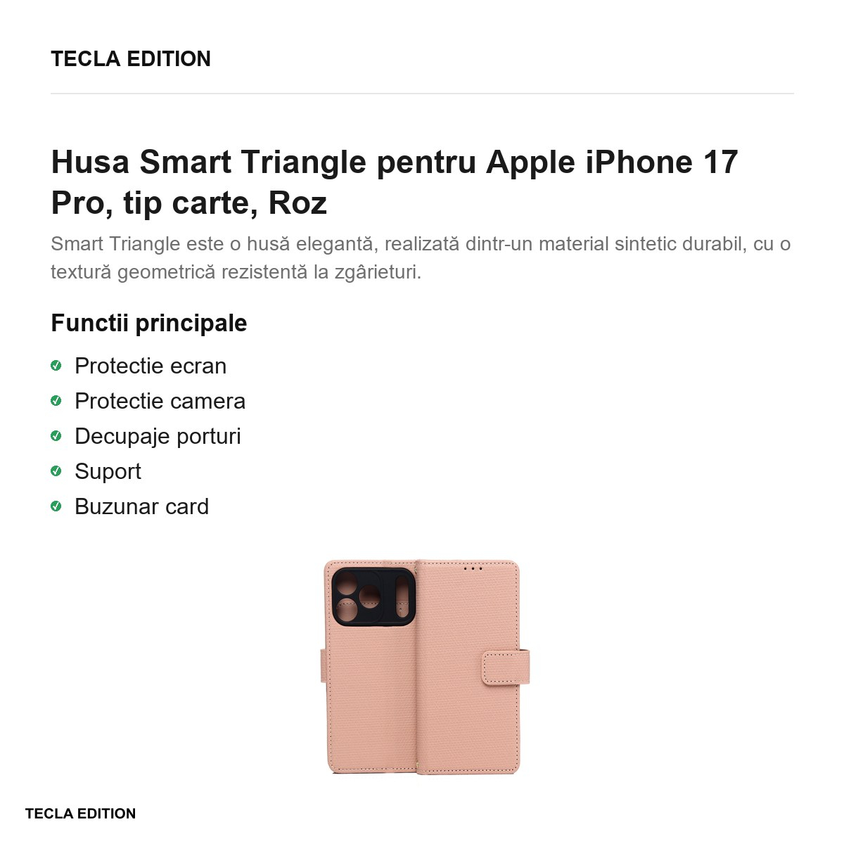 Husa Smart Triangle pentru Apple iPhone 17 Pro, tip carte, Roz [2]