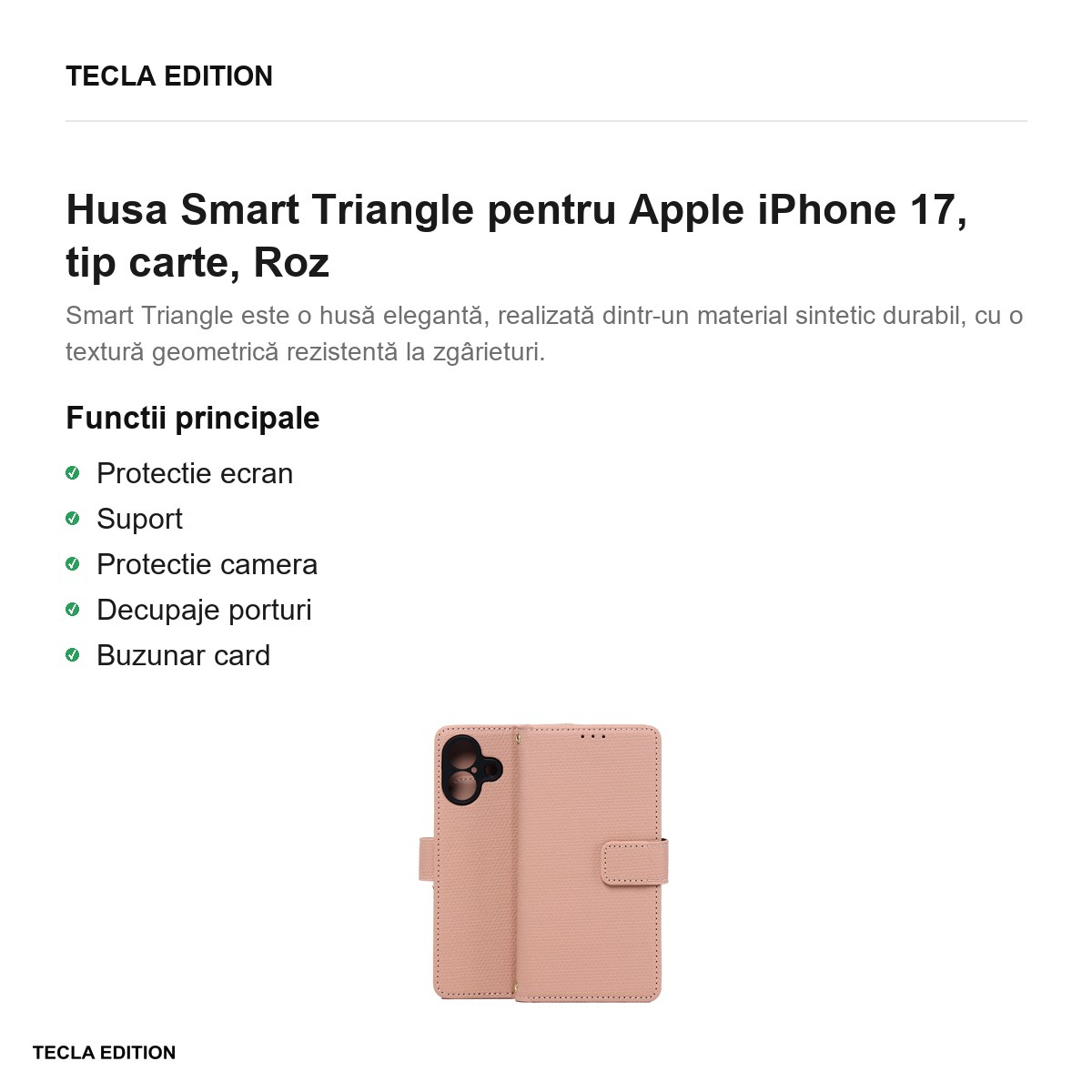 Husa Smart Triangle pentru Apple iPhone 17, tip carte, Roz [2]