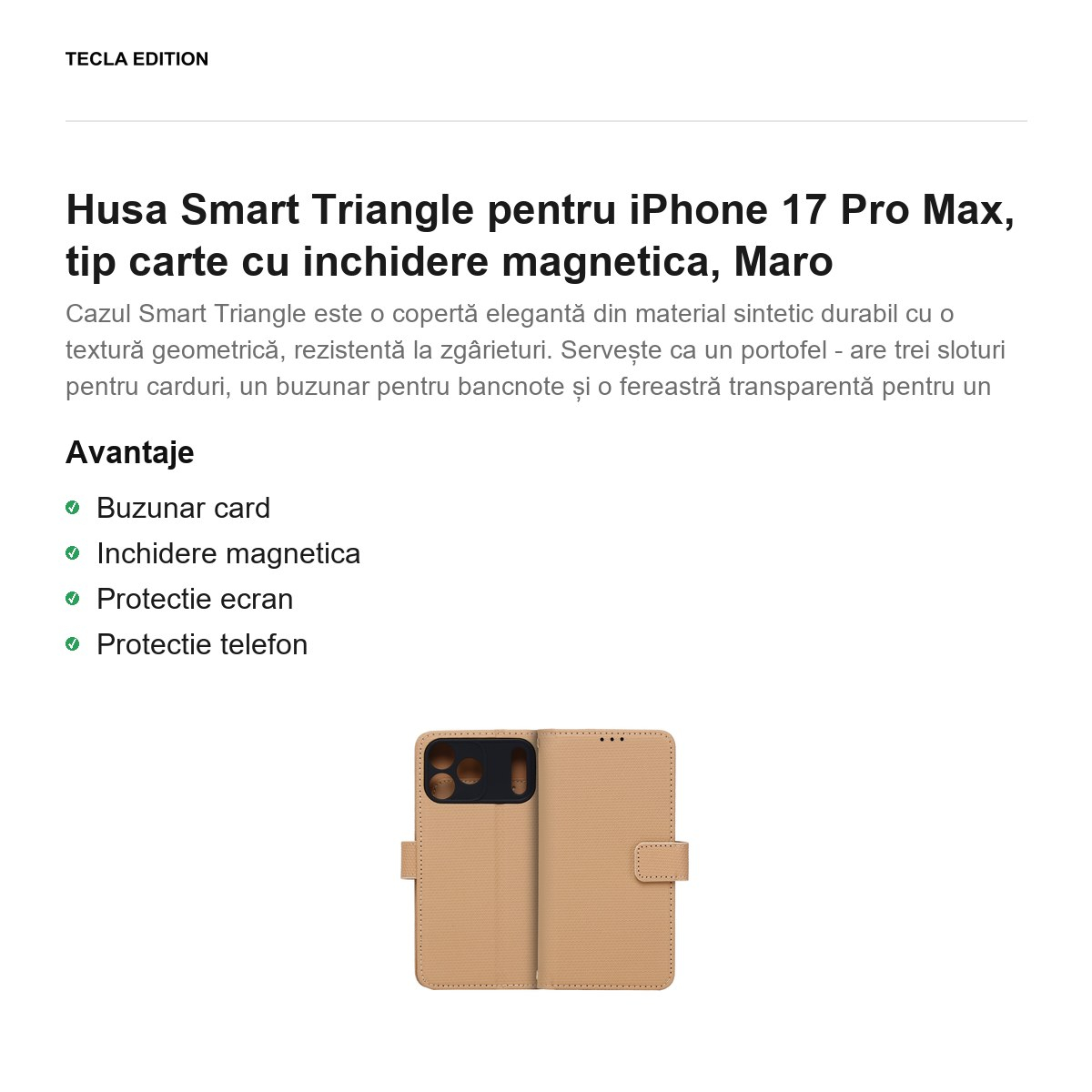 Husa Smart Triangle pentru iPhone 17 Pro Max, tip carte cu inchidere magnetica, Maro [2]