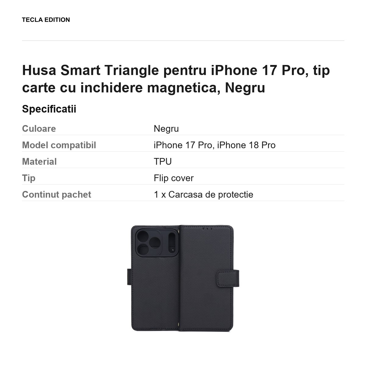 Husa Smart Triangle pentru iPhone 17 Pro, tip carte cu inchidere magnetica, Negru [3]