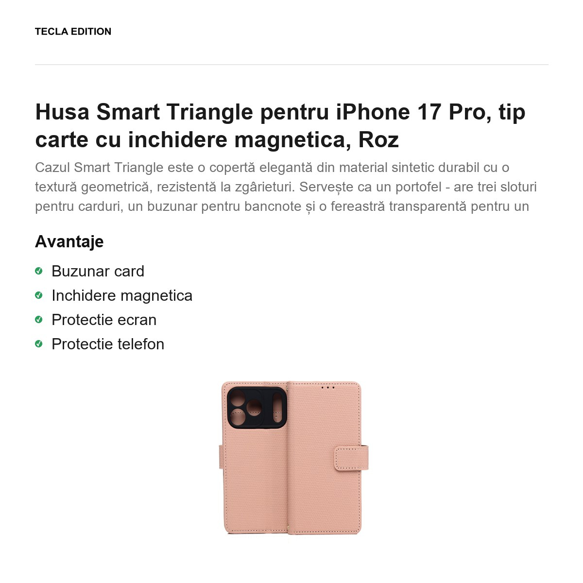 Husa Smart Triangle pentru iPhone 17 Pro, tip carte cu inchidere magnetica, Roz [2]