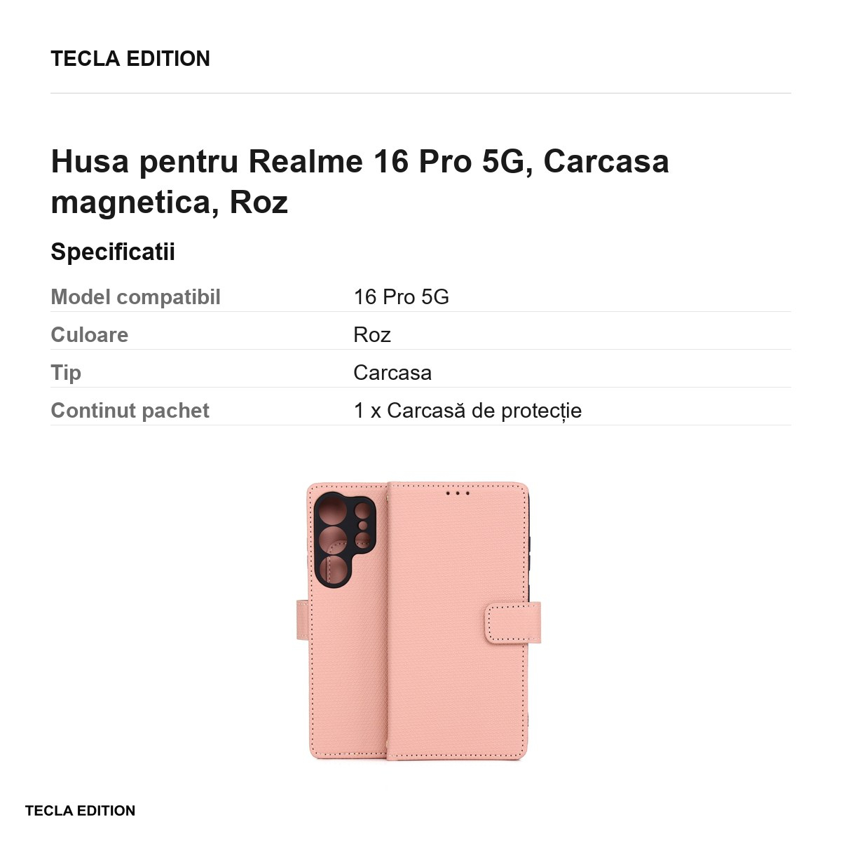 Husa Smart Triangle pentru Realme 16 Pro 5G, tip carte cu inchidere magnetica, Roz [3]