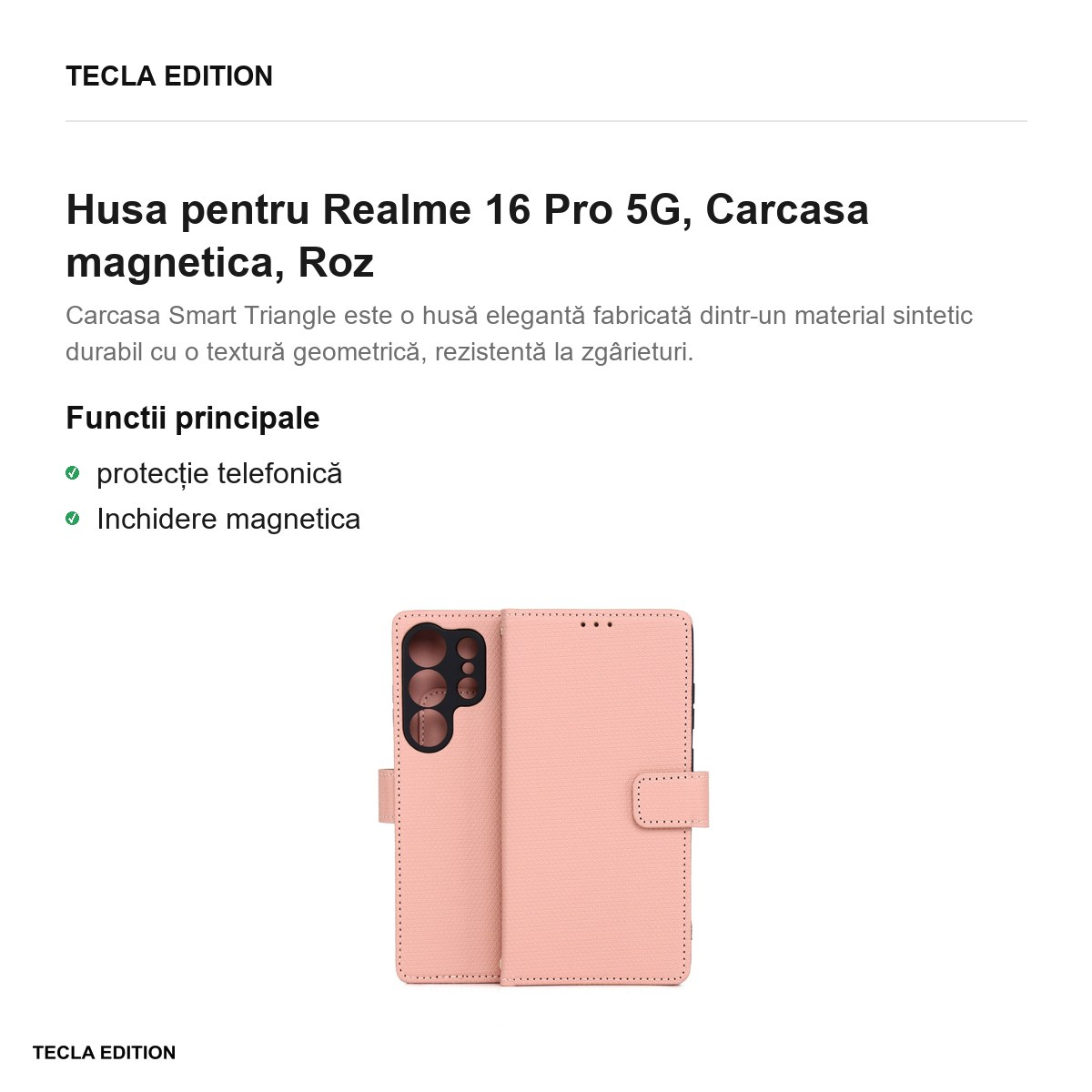 Husa Smart Triangle pentru Realme 16 Pro 5G, tip carte cu inchidere magnetica, Roz [2]