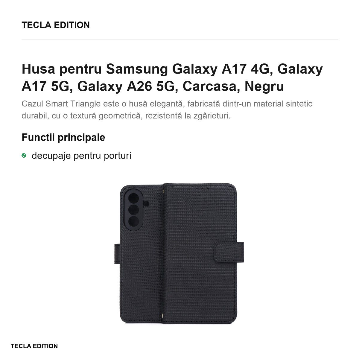 Husa Smart Triangle pentru Samsung Galaxy A17 4G, Galaxy A17 5G, Galaxy A26 5G, tip carte, Negru [2]