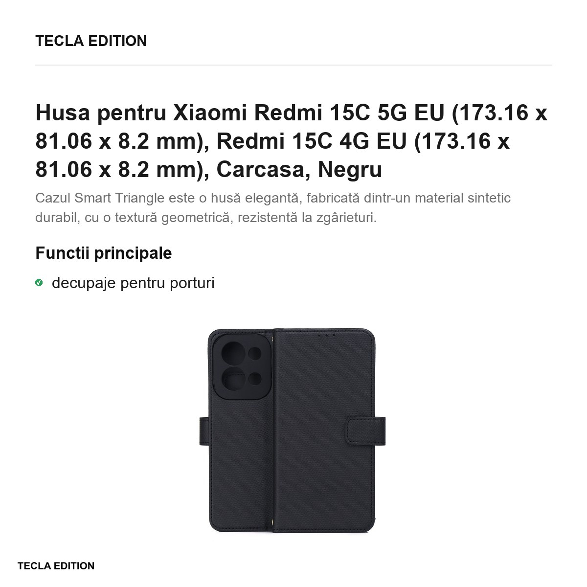 Husa Smart Triangle pentru Xiaomi Redmi 15C 5G EU, Redmi 15C 4G EU, tip carte, Negru [2]