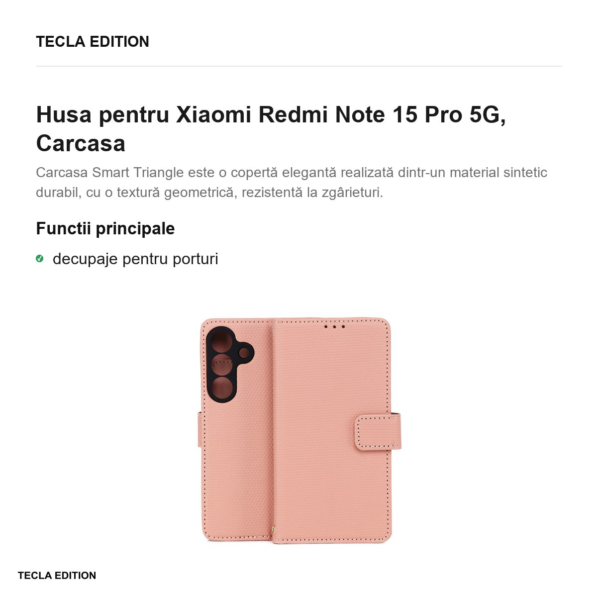 Husa Smart Triangle pentru Xiaomi Redmi Note 15 Pro 5G, tip carte, Roz [2]