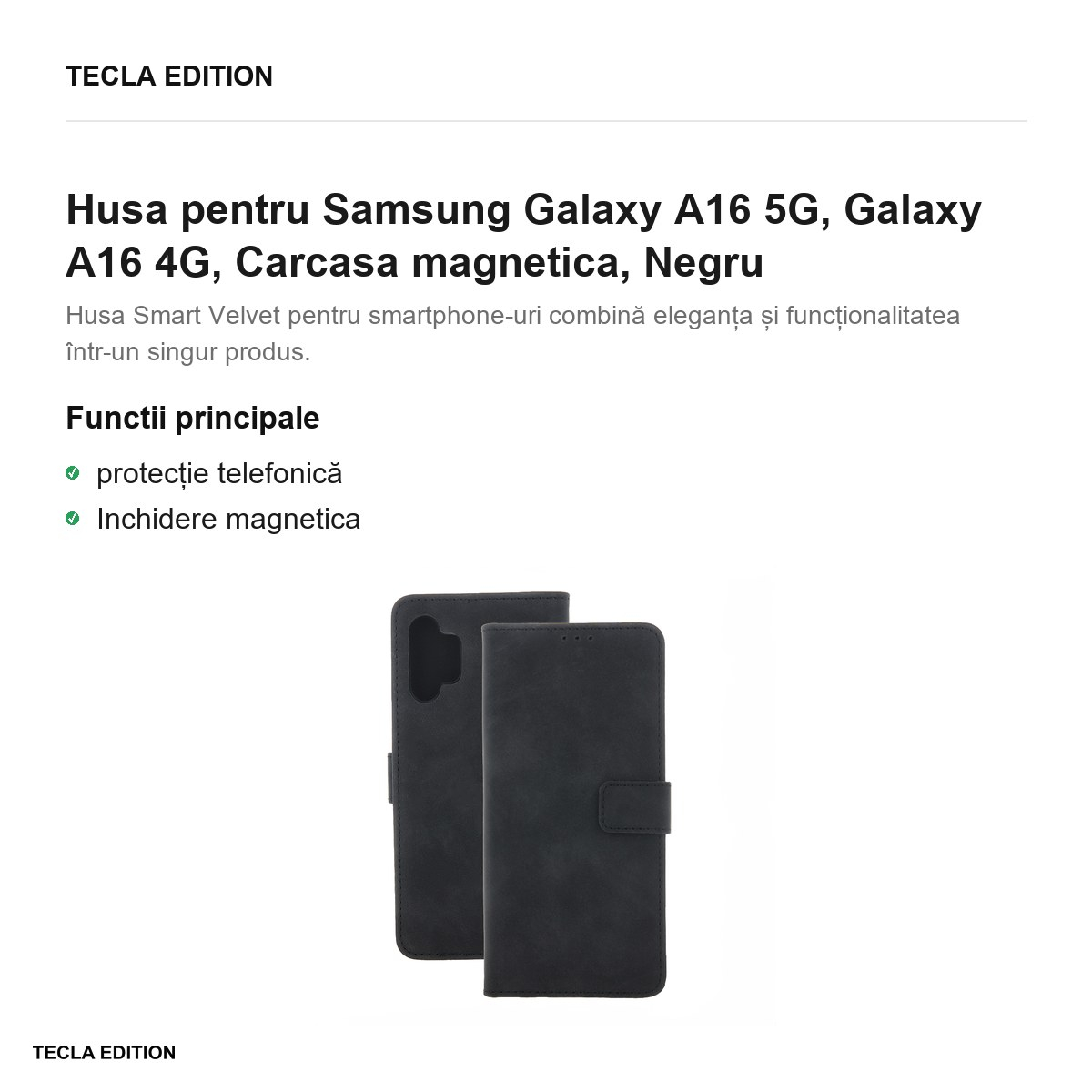 Husa Smart Velvet pentru Samsung Galaxy A16 5G, Galaxy A16 4G, tip carte cu inchidere magnetica, Negru [2]