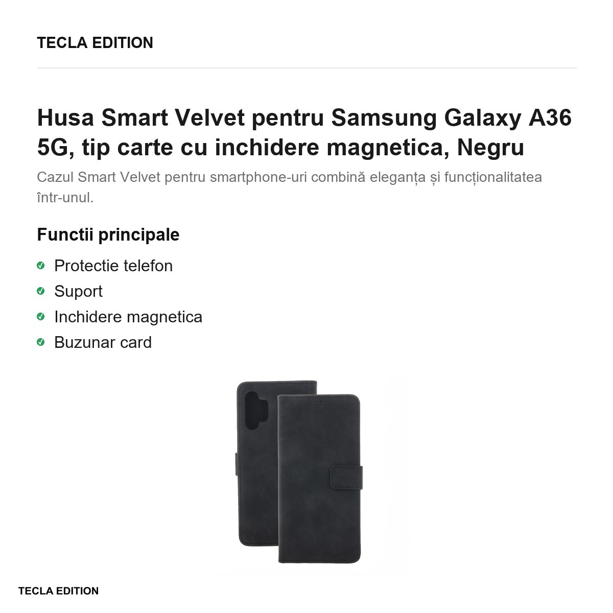 Husa Smart Velvet pentru Samsung Galaxy A36 5G, tip carte cu inchidere magnetica, Negru [2]