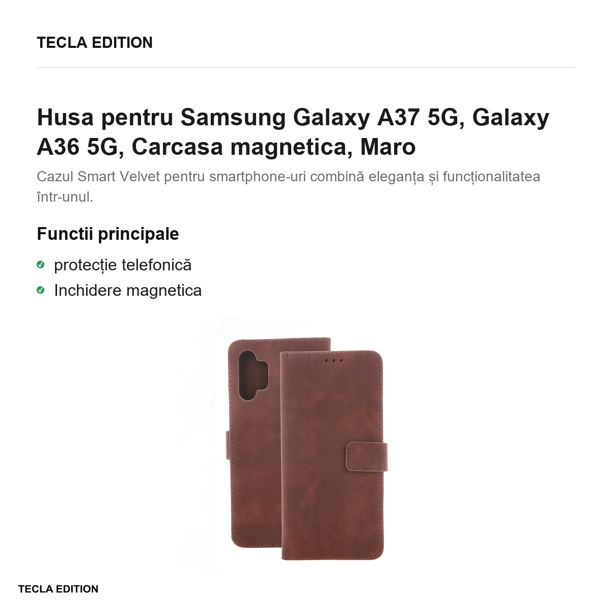 Husa Smart Velvet pentru Samsung Galaxy A37 5G, Galaxy A36 5G, tip carte cu inchidere magnetica, Maro [2]