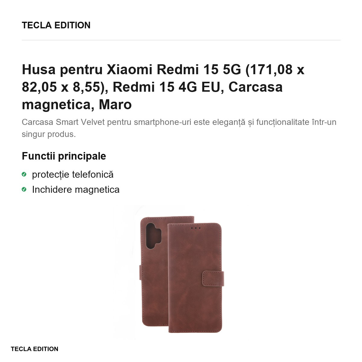 Husa Smart Velvet pentru Xiaomi Redmi 15 5G, Redmi 15 4G EU, tip carte cu inchidere magnetica, Maro [2]