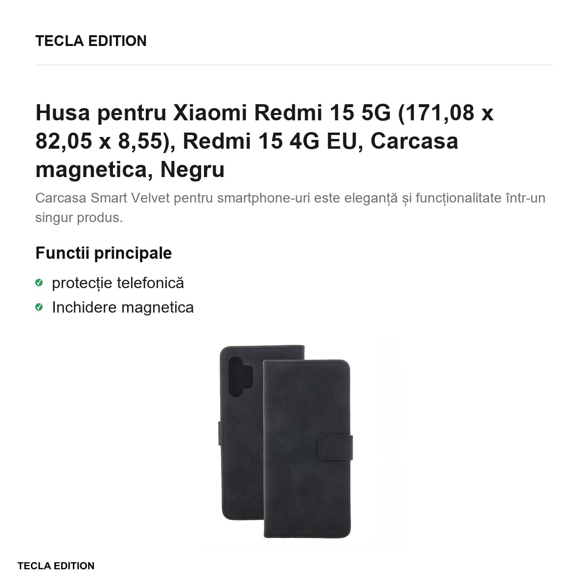 Husa Smart Velvet pentru Xiaomi Redmi 15 5G, Redmi 15 4G EU, tip carte cu inchidere magnetica, Negru [2]