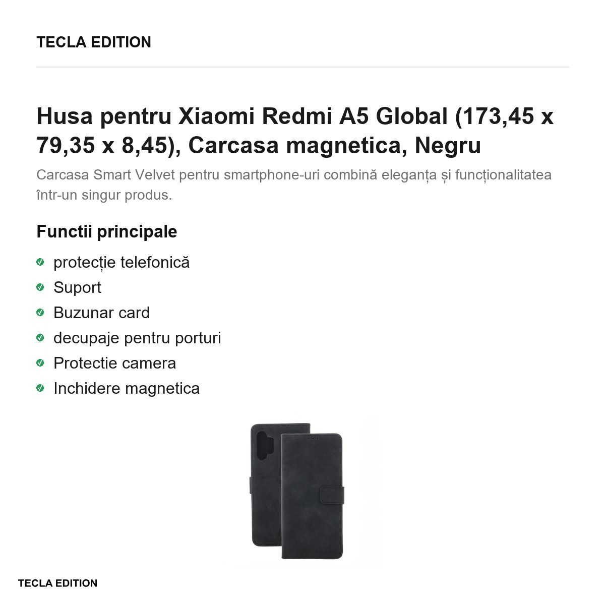 Husa Smart Velvet pentru Xiaomi Redmi A5 Global, tip carte cu inchidere magnetica, Negru [2]