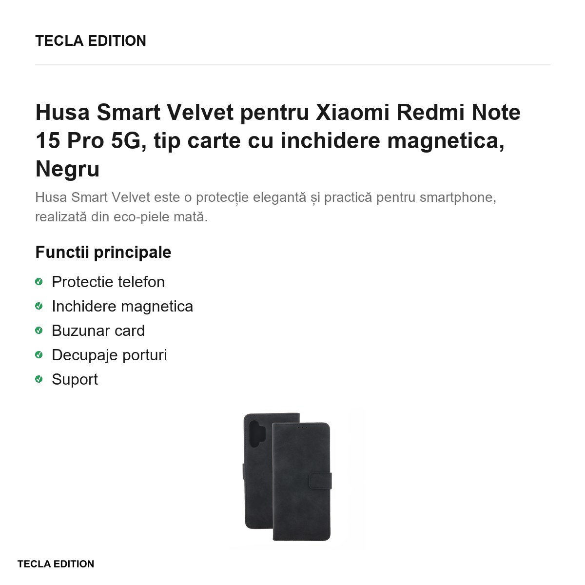 Husa Smart Velvet pentru Xiaomi Redmi Note 15 Pro 5G, tip carte cu inchidere magnetica, Negru [2]