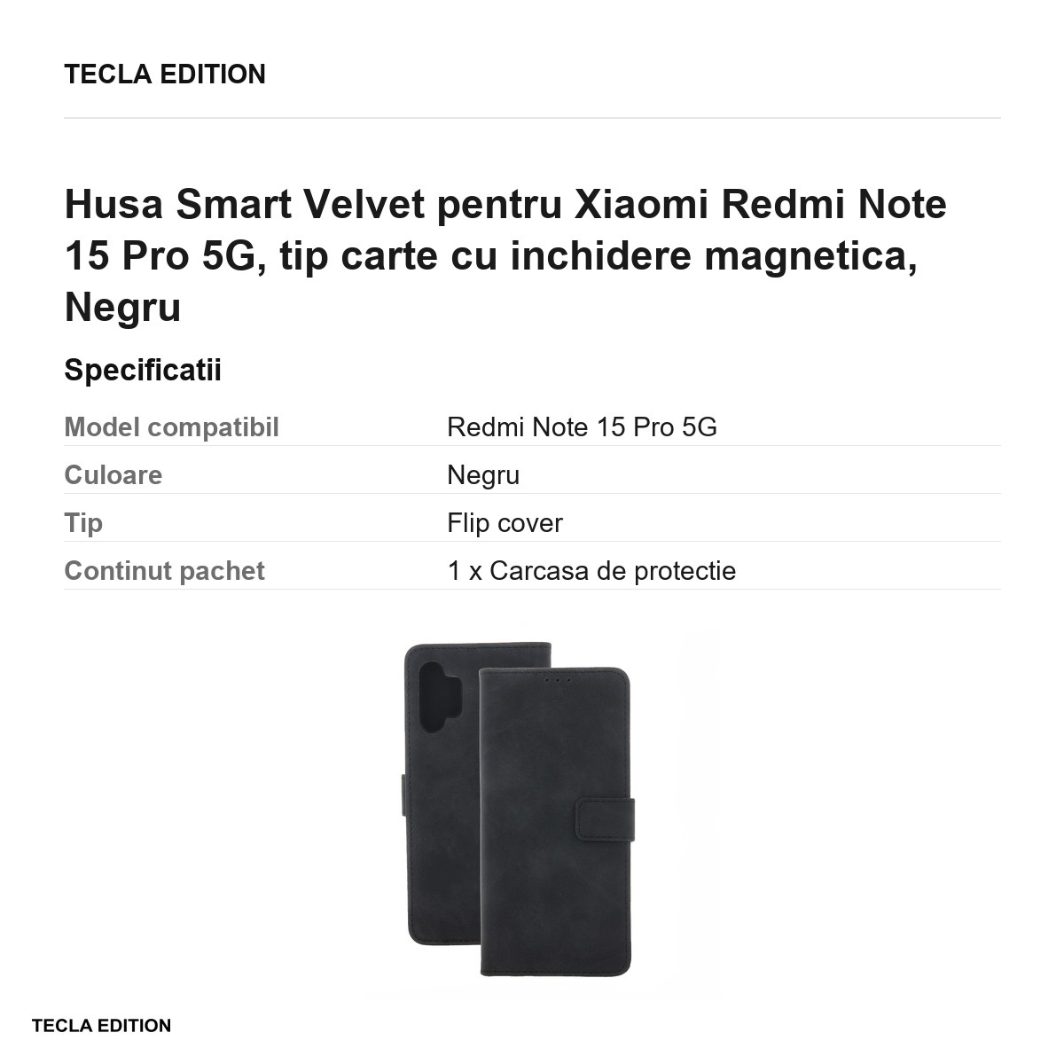 Husa Smart Velvet pentru Xiaomi Redmi Note 15 Pro 5G, tip carte cu inchidere magnetica, Negru [3]