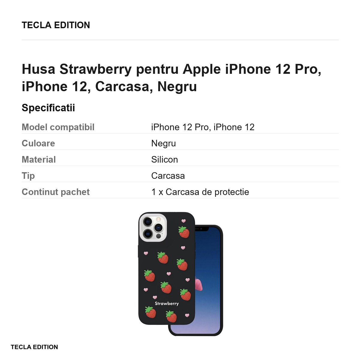 Husa Strawberry pentru Apple iPhone 12 Pro, iPhone 12, Carcasa, Negru [3]